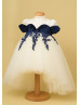 Navy Blue Velvet Lace Ivory Tulle High Low Flower Girl Dress